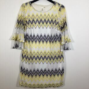 Tacera Midi Shift Dress‎ XL Chevron Zig Zag Crochet Boho Yellow Grey Bell Sleeve